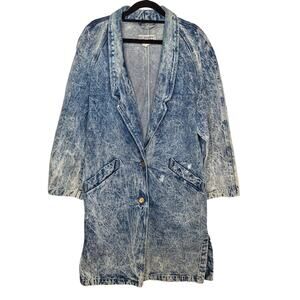 Vintage 80s Acid Washed Denim Duster Coat Jean Jacket Trench New Wave Medium